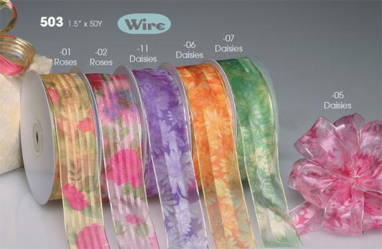1.5" X 50y Sheer Floral Print/Wire Ribbons